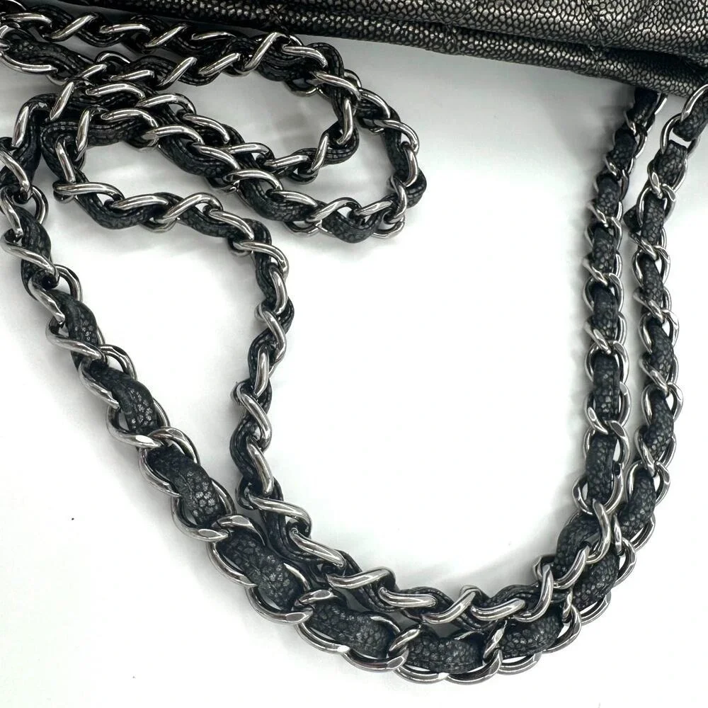 Chanel Metallic Silver Gray Grey Quilted Caviar Timeless Tote SHW Series 14